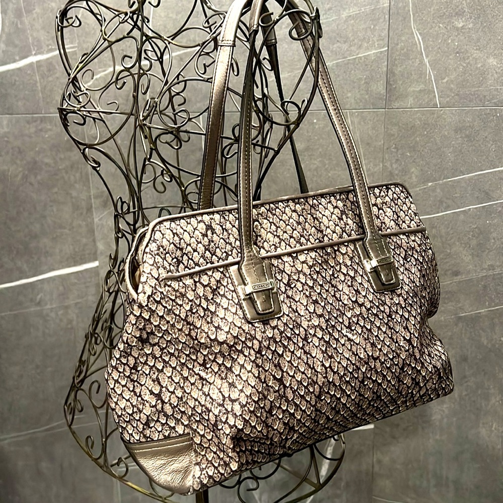 Coach Snake Print Canvas & Leather Shoulder Bag Carryall EUC